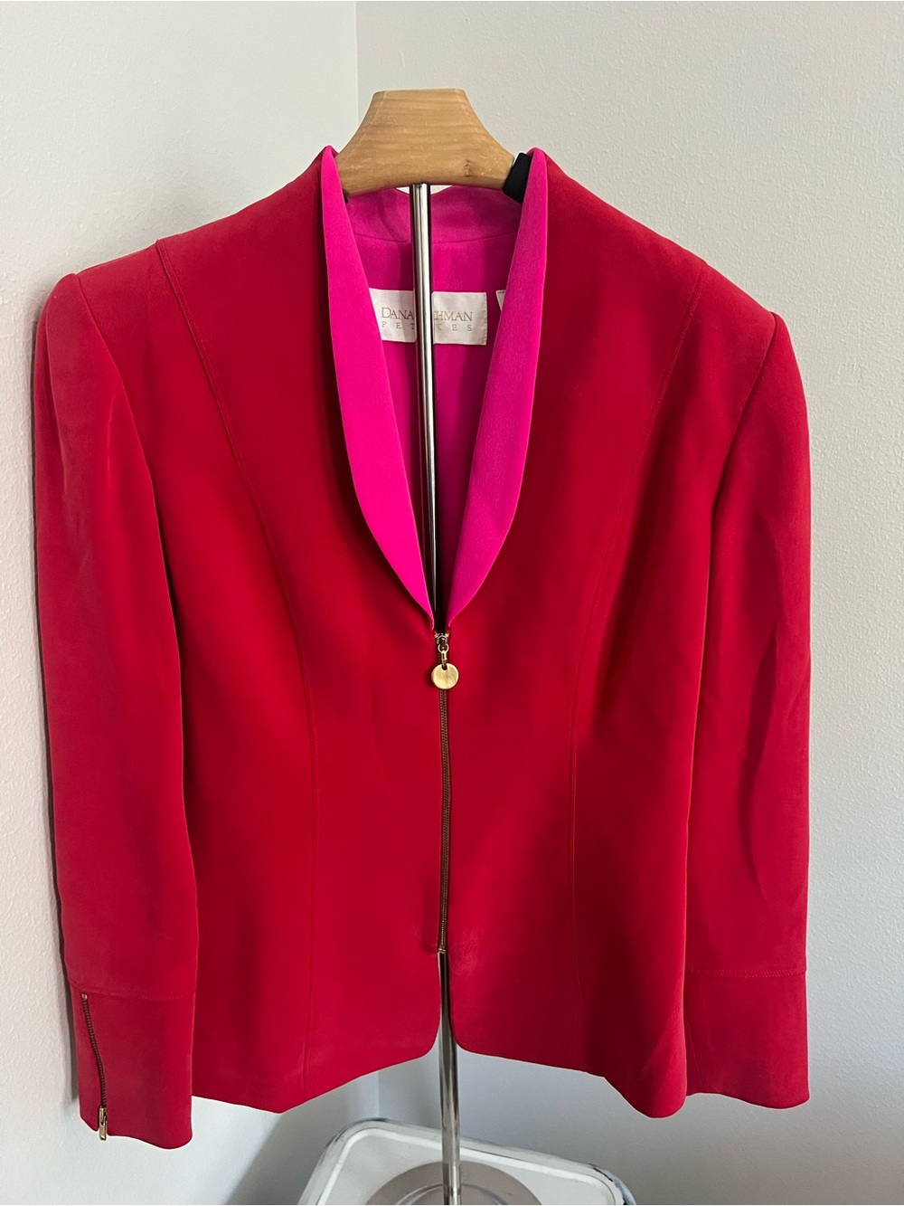 Vintage Dana Buchman Red Blazer with Pink Shawl Collar Matching Skirt 100% Silk
